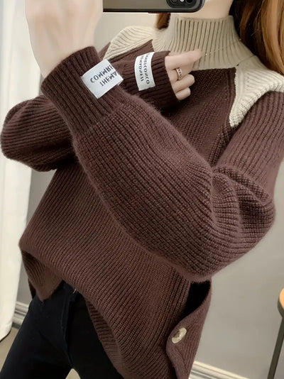 Damen Colorblock Stehkragen Pullover – Warm Lässig