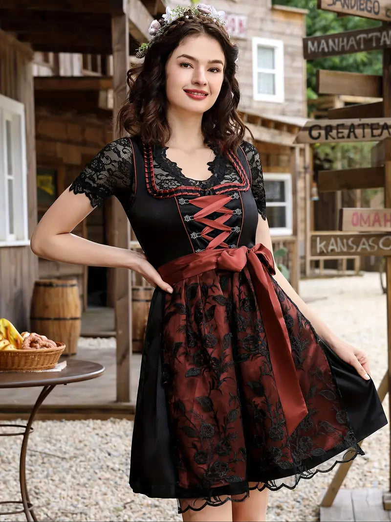 Schickes Oktoberfest Midi Dirndl Set mit Spitzenschürze