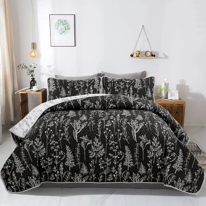 Leaf Pattern Reversible Bedspread Set – 3pcs Comfort