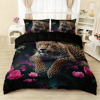 3-teiliges Leopard-Rosen-Bettwäsche-Set – Weiche Decke für Couch, Bett & Reisen