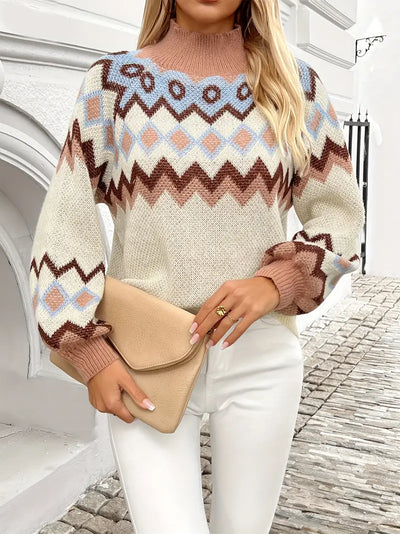 Geo Muster Rollkragenpullover Pullover – Lässiger Langarm Sweater für Damen