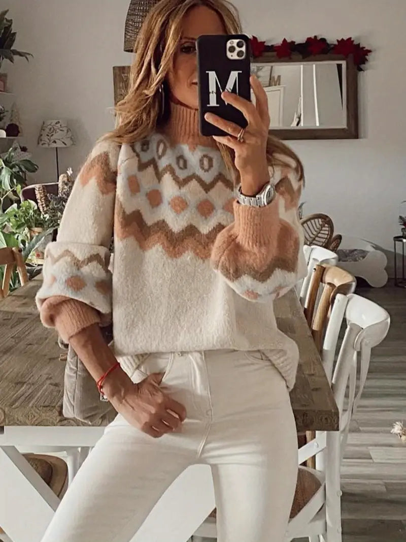 Geo Muster Rollkragenpullover Pullover – Lässiger Langarm Sweater für Damen