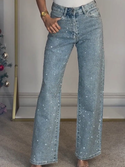 High-Waisted Strass Jeans mit geradem Bein