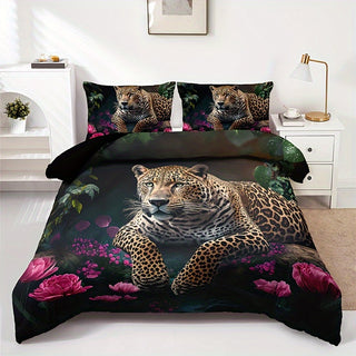 3-teiliges Leopard-Rosen-Bettwäsche-Set – Weiche Decke für Couch, Bett & Reisen