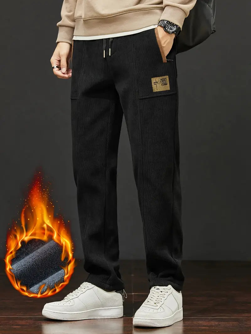 Fleece-Lined Casual Pants mit Stickerei – Elastischer Polyester-Mix