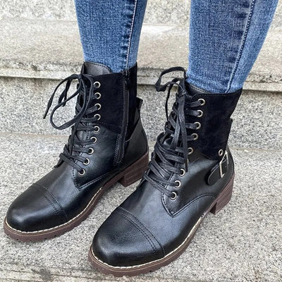 Sabina -  Neue solide Farbe Schnürung lässig Retrostiefel