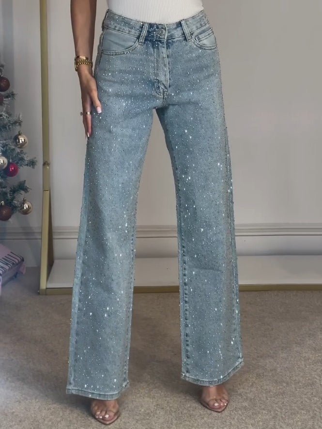 High-Waisted Strass Jeans mit geradem Bein