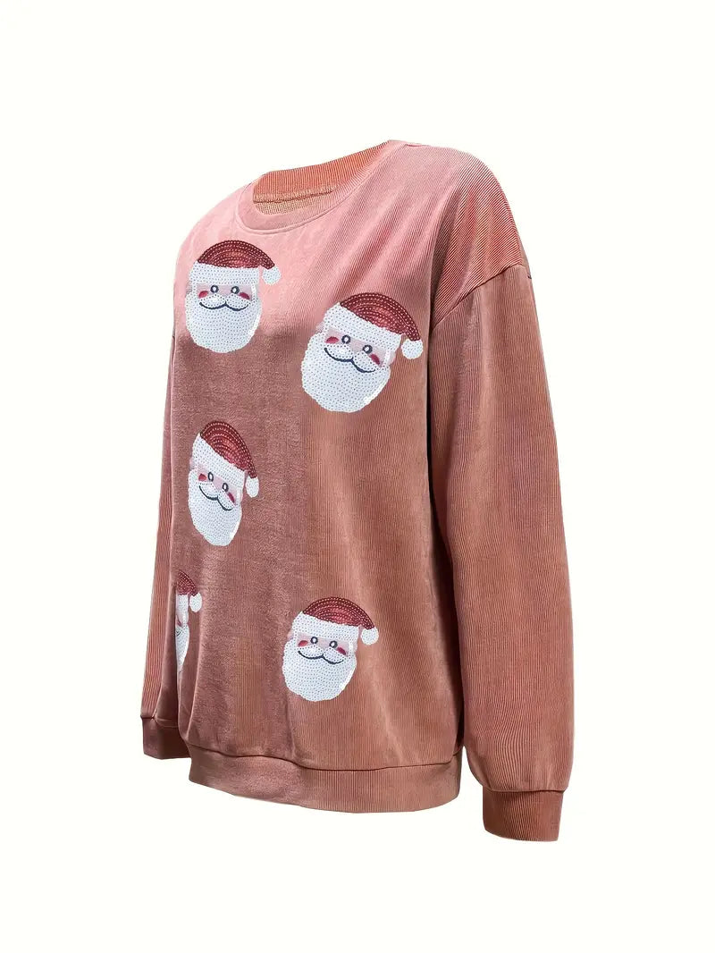 Weihnachtsmann-Print Pullover-Sweatshirt – Casual, Langarm, Polyester