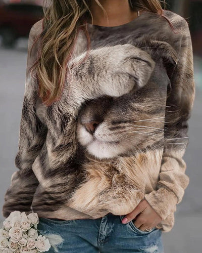 Langarm-Sweatshirt mit Rundhalsausschnitt und Katzen-Print