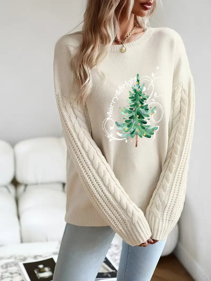 Chic Polyester Pullover mit Weihnachtsbaum-Print – Damen Winter Sweater