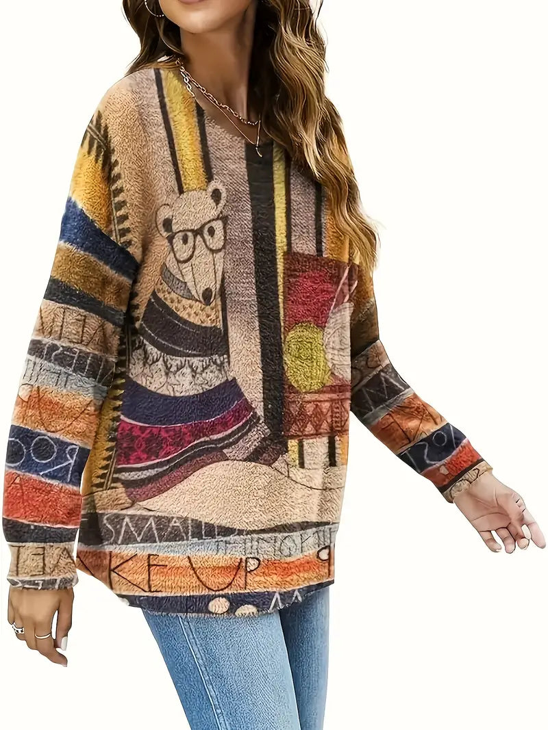 Damen Plus Size Winterpullover – Cartoon Bär Druck, Langarm