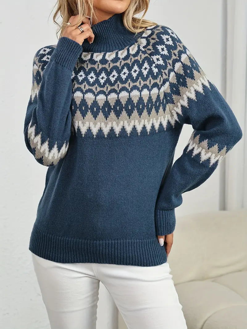 Rollkragenpullover mit Geomuster Damen Casual Langarm Strickpullover