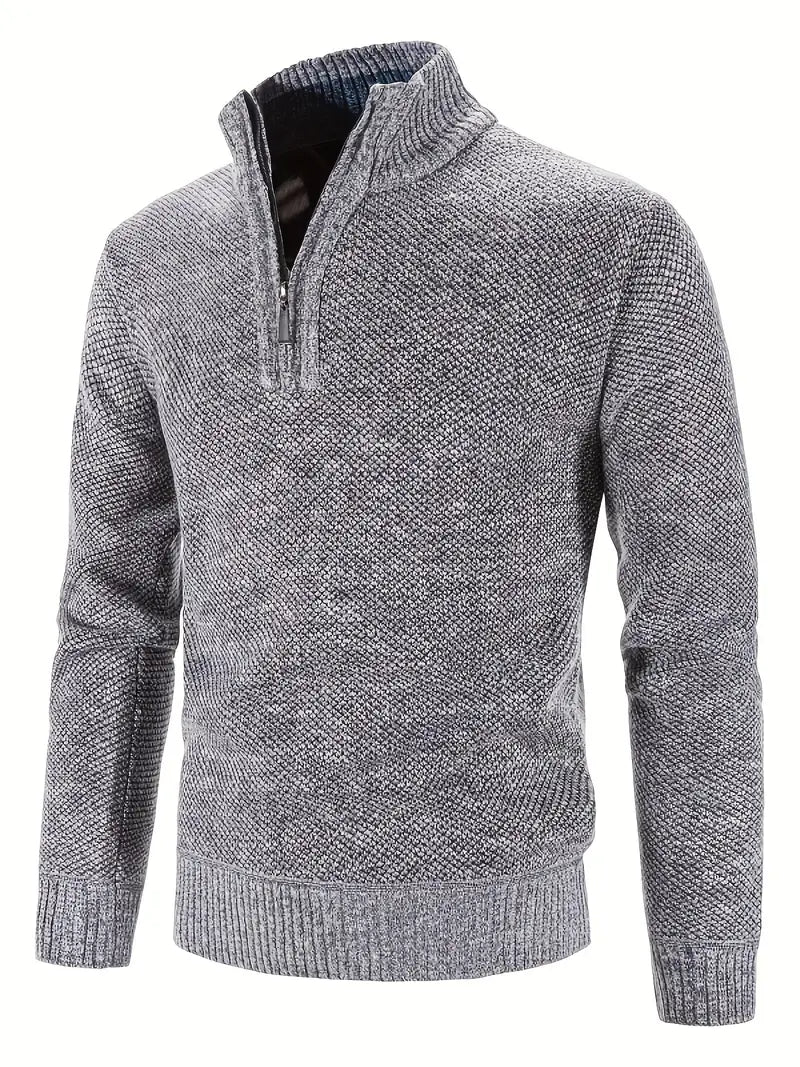 Herren Herringbone-Pullover – Hoher Kragen, Stretch, Leicht Grau