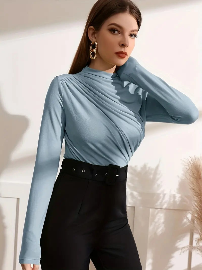 High-Neck Rüschen Pullover – Langarm, Sexy Stil, Unifarben, Polyester