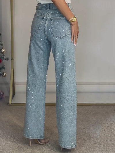 High-Waisted Strass Jeans mit geradem Bein