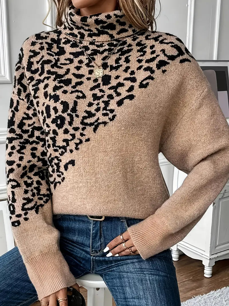 Damen Leopard Print Pullover – Elegant Farbblock Rollkragen