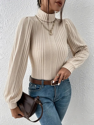 Ribbed Turtleneck Pullover – Langarm, Unifarben, Casual, Polyester