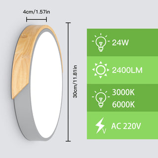 Kimjo LED Holzdeckenleuchte 24W – Kalt- & Warmweiß, 30cm, 2400LM