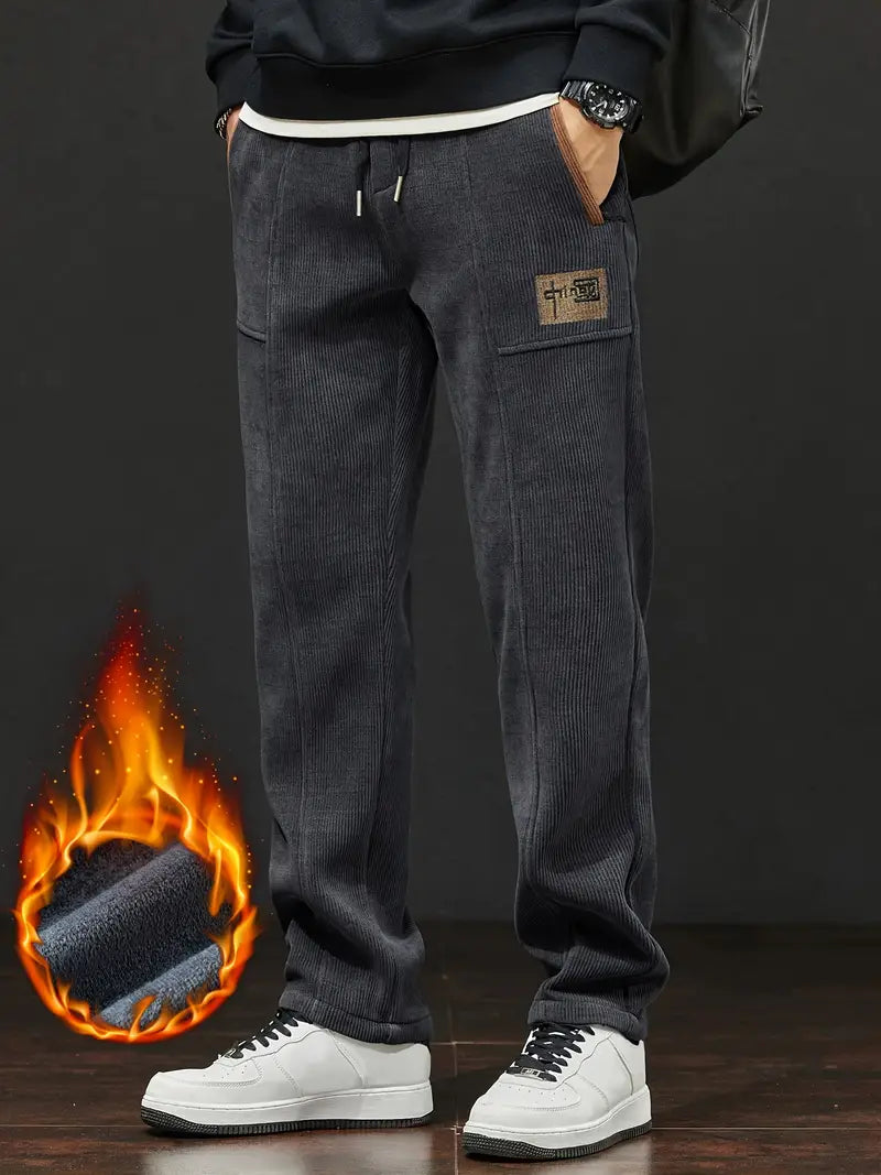 Fleece-Lined Casual Pants mit Stickerei – Elastischer Polyester-Mix