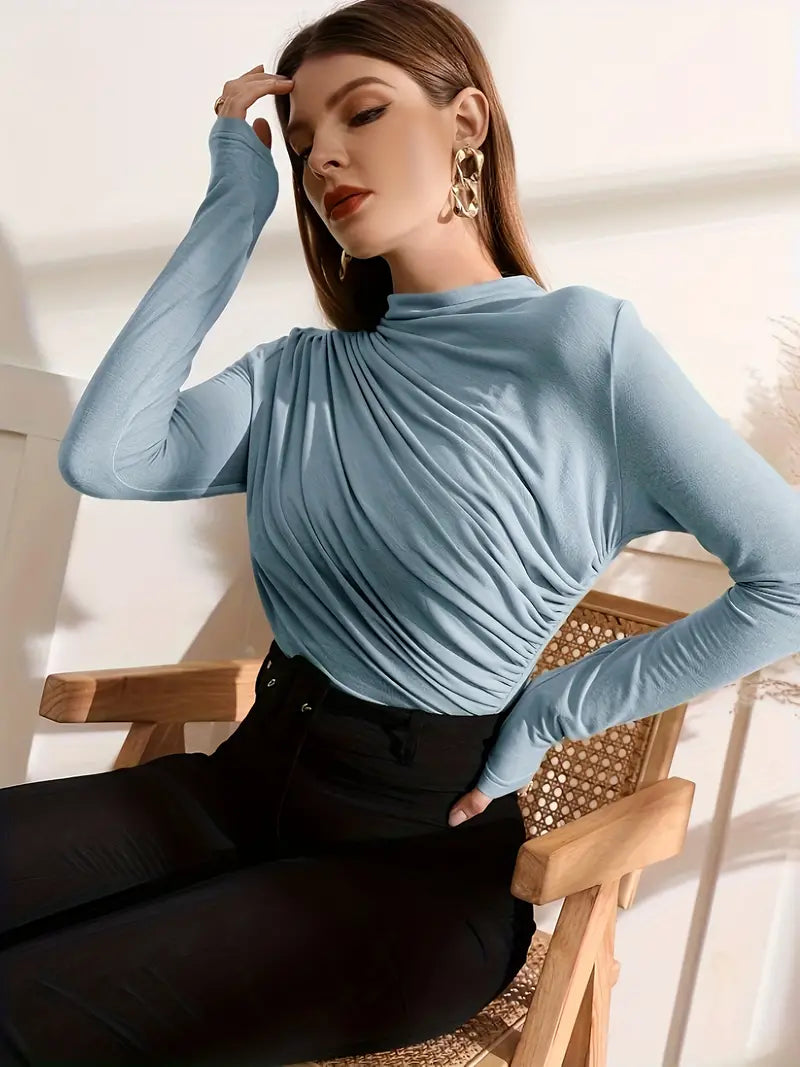 High-Neck Rüschen Pullover – Langarm, Sexy Stil, Unifarben, Polyester