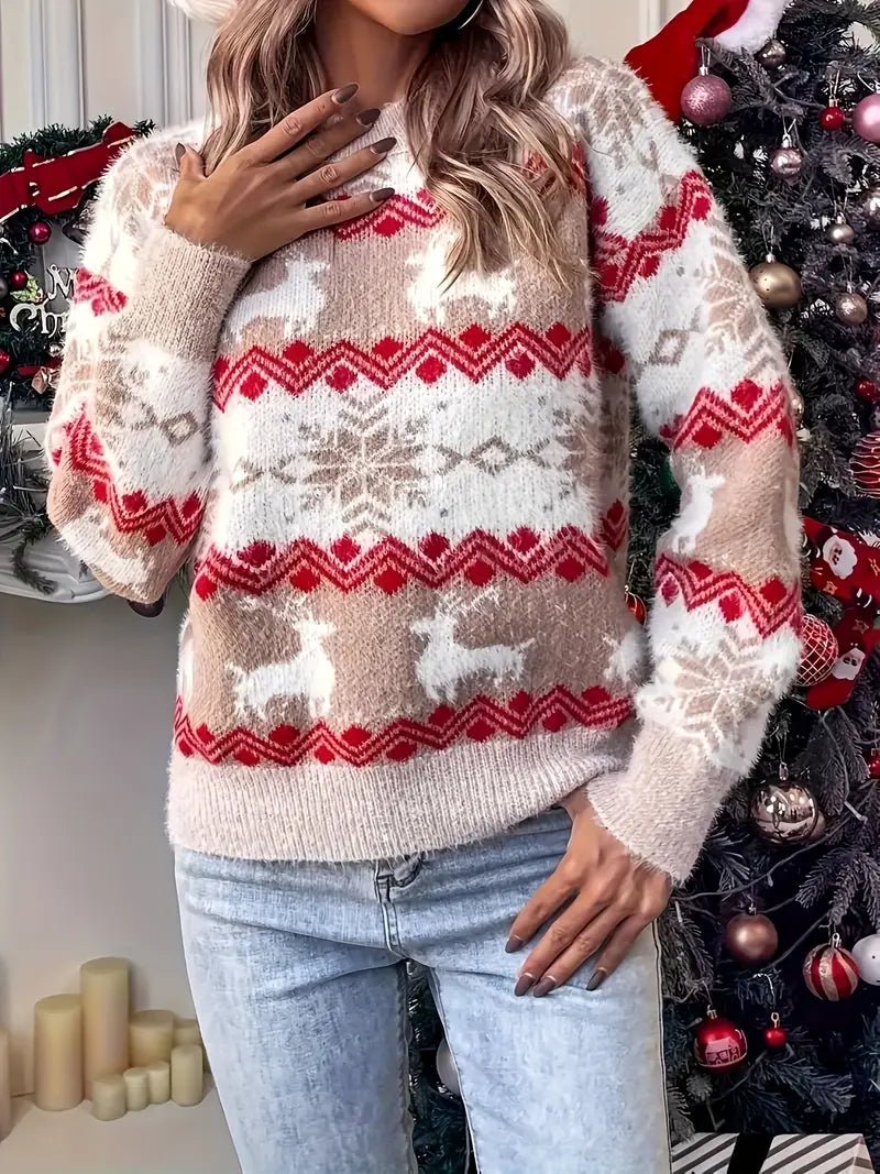 Eleganter Weihnachts-Strickcardigan – Diamantmuster, Polyester