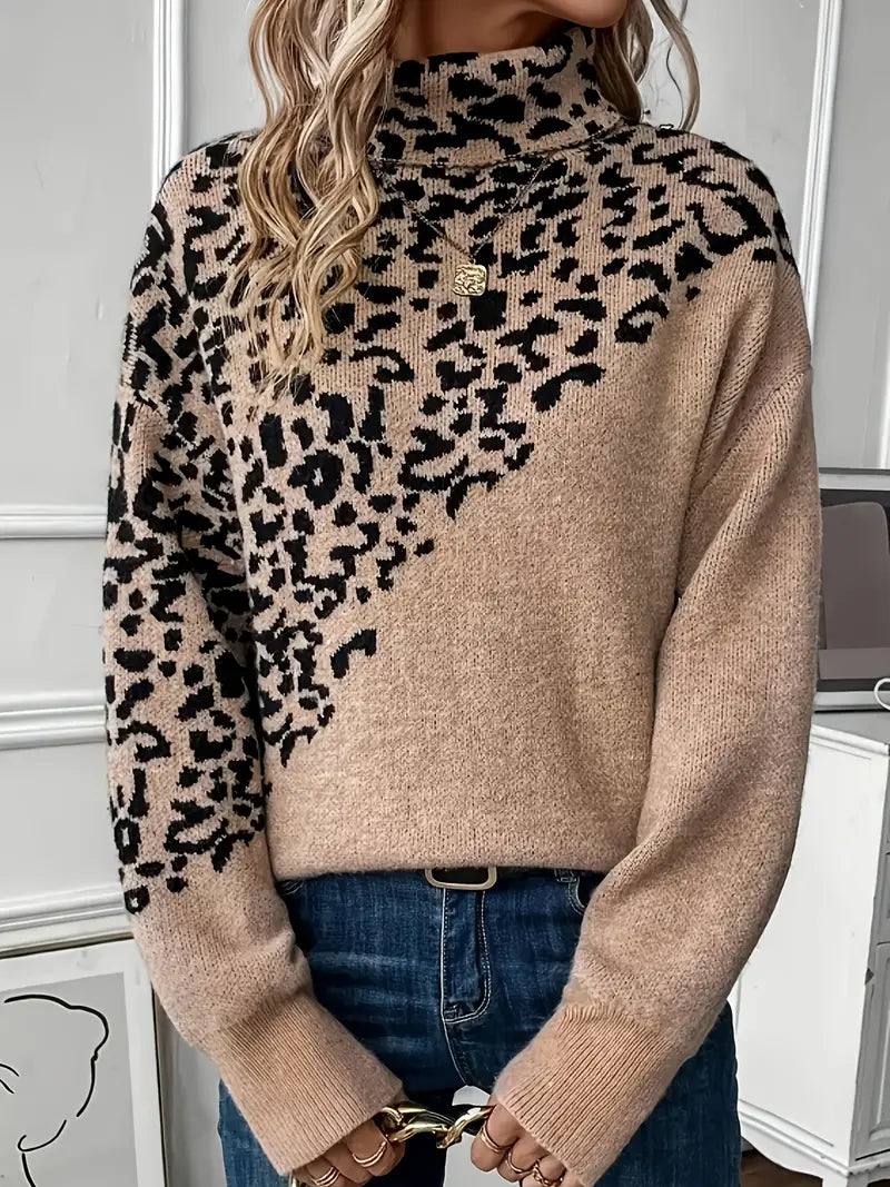 Damen Leopard Print Pullover – Elegant Farbblock Rollkragen