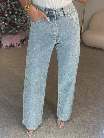 High-Waisted Strass Jeans mit geradem Bein