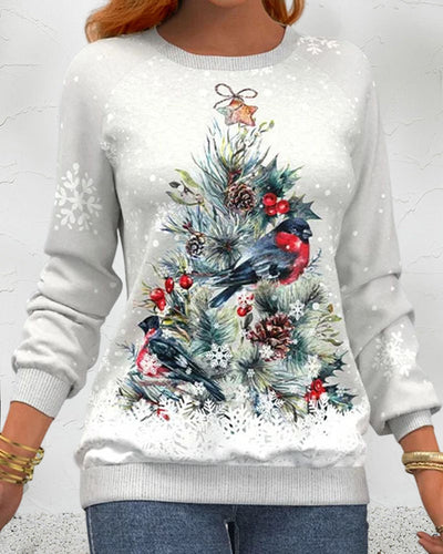 Langarm-Sweatshirt mit Weihnachtsbaummuster und Vogel- und Schneeflockendruck