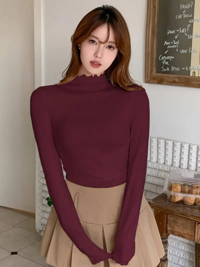 Casual Rollkragen Pullover mit Rüschenkragen – Langarm, Polyester