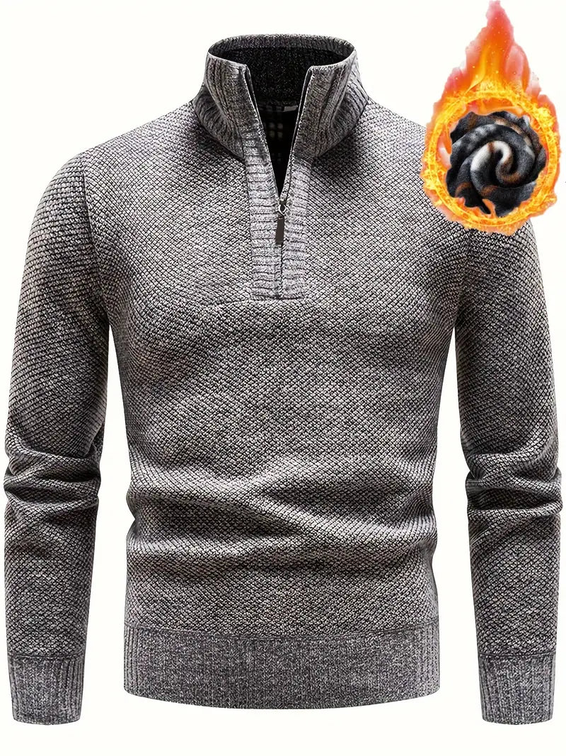 Herren Herringbone-Pullover – Hoher Kragen, Stretch, Leicht Grau