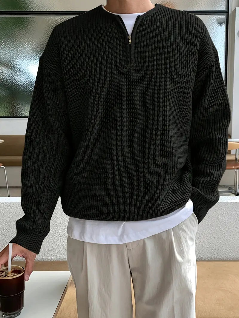 Herren Strickpullover – V-Ausschnitt, Halbreißverschluss, Lockerer Sitz