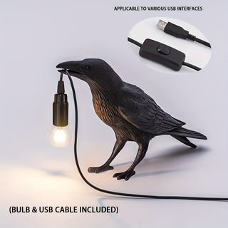 Gothic Krähen-Tischlampe – USB, Schwarze Harz-Rabe für Halloween-Dekor