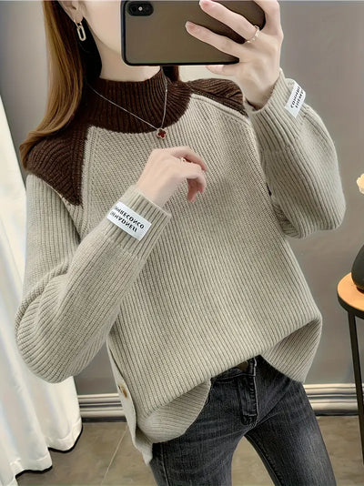 Damen Colorblock Stehkragen Pullover – Warm Lässig