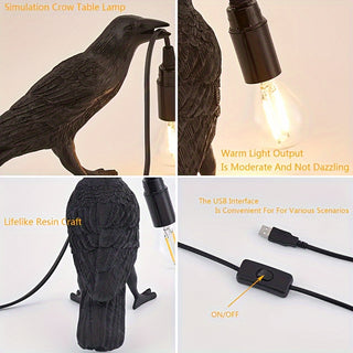 Gothic Krähen-Tischlampe – USB, Schwarze Harz-Rabe für Halloween-Dekor