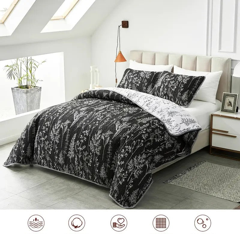 Leaf Pattern Reversible Bedspread Set – 3pcs Comfort