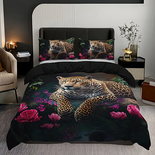 3-teiliges Leopard-Rosen-Bettwäsche-Set – Weiche Decke für Couch, Bett & Reisen