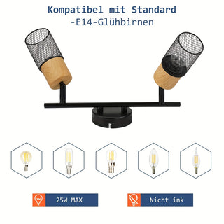 Drehbarer LED-Deckenstrahler aus Holz – E14, Retro Deckenleuchte für Wohnzimmer