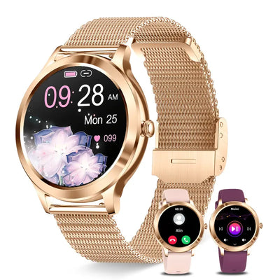 Modische Goldene Edelstahl- & Silikon-Smartwatch für Damen