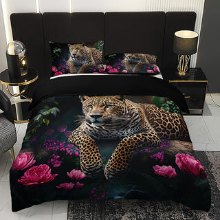 3-teiliges Leopard-Rosen-Bettwäsche-Set – Weiche Decke für Couch, Bett & Reisen