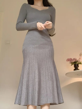 Langärmeliges V-Ausschnitt Strickkleid – Mittelöstlicher Stil, Bodenlang, A-Linie