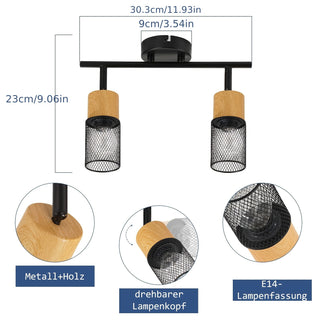 Drehbarer LED-Deckenstrahler aus Holz – E14, Retro Deckenleuchte für Wohnzimmer