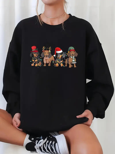 Weihnachts-Dackel Print Sweatshirt – Kuscheliger Pullover, Polyester