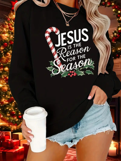 Fleece-Pullover mit Weihnachtsmotiv – Damen Sweatshirt Jesus Print