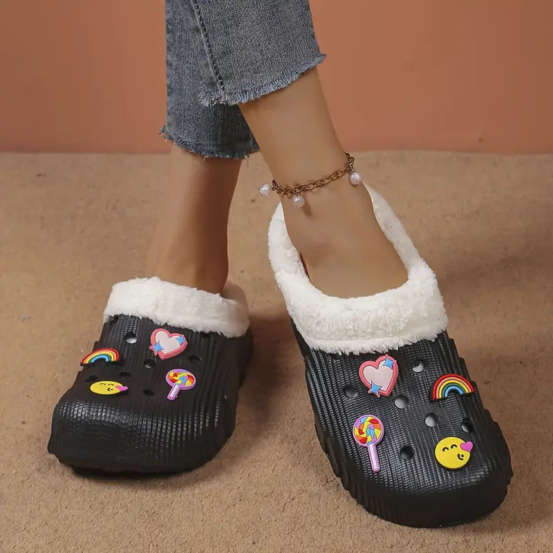 Winter Clogs – Damen Cartoon-Design mit Regenbogen, Kuschelig Gefüttert