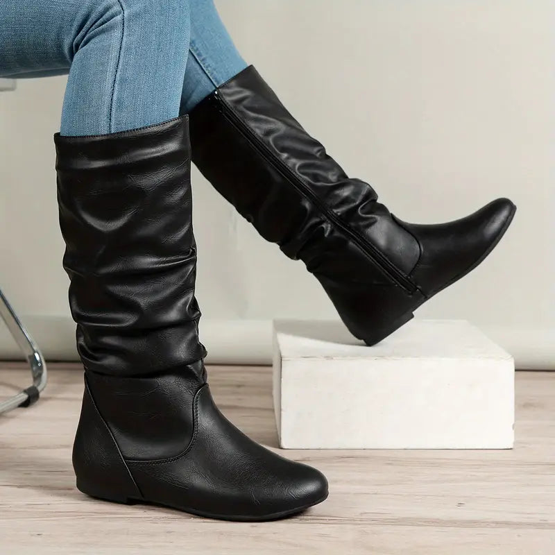 Damen Winterstiefel – Slouch-Design, Retro Reißverschluss, Western Look