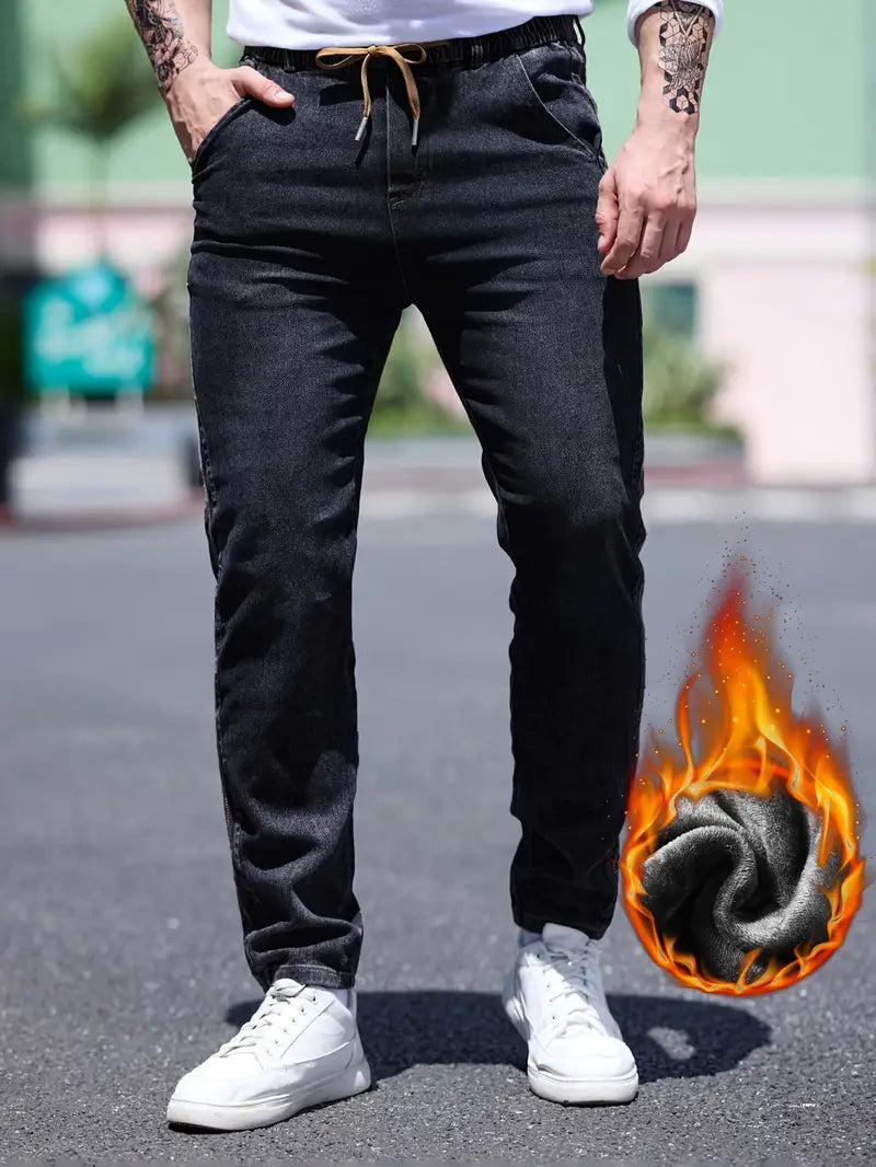 Herren Slim Fit Fleecegefütterte Jeans – Baumwolle mit Kordelzug