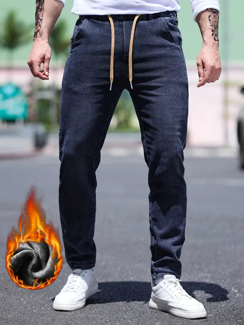 Herren Slim Fit Fleecegefütterte Jeans – Baumwolle mit Kordelzug