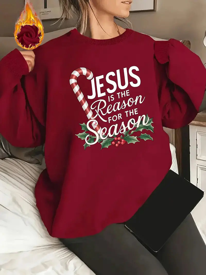 Fleece-Pullover mit Weihnachtsmotiv – Damen Sweatshirt Jesus Print