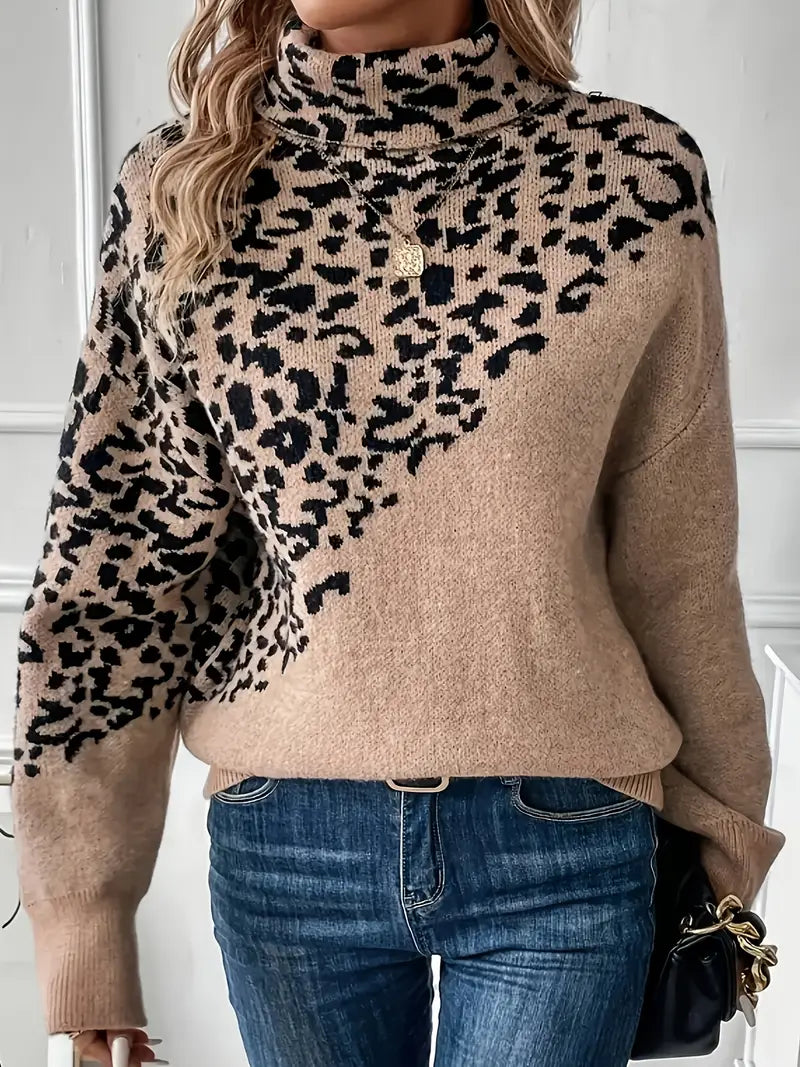 Damen Leopard Print Pullover – Elegant Farbblock Rollkragen