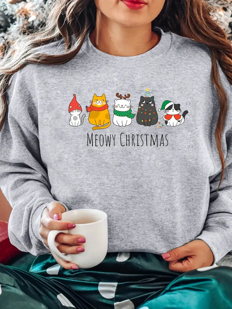 Weihnachtspullover – Meowy-Print, 100 % Polyester, Rundhals